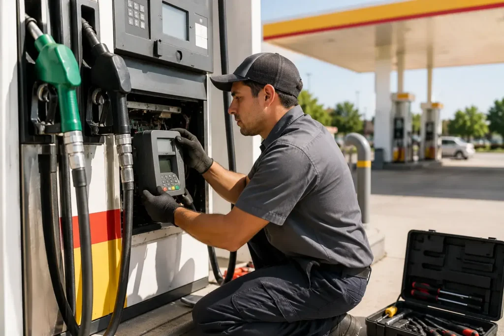 Technician upgrading a fuel station POS terminal to support EMV chip payments and modern payment security.