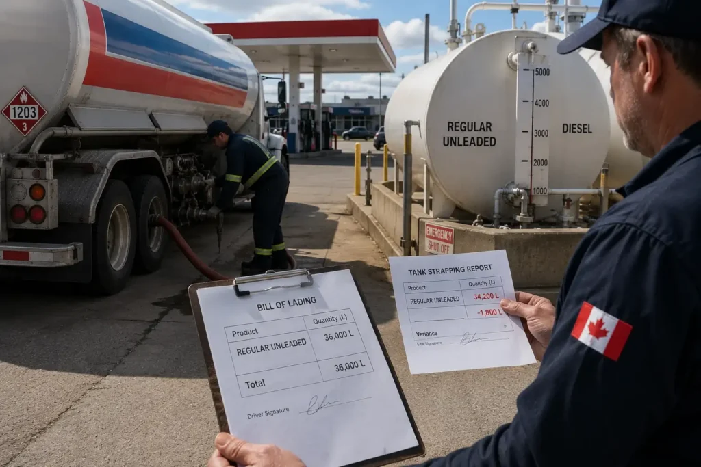 Fuel delivery reconciliation comparing bill of lading with tank measurements to identify fuel variance.