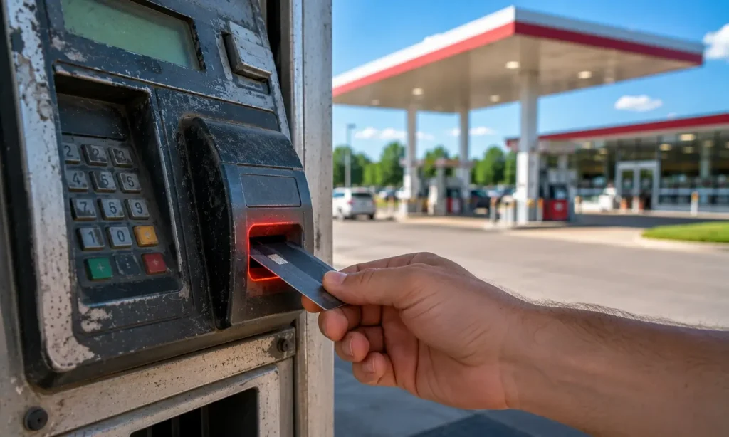 Customer using a legacy POS card reader at a fuel pump with outdated payment technology.