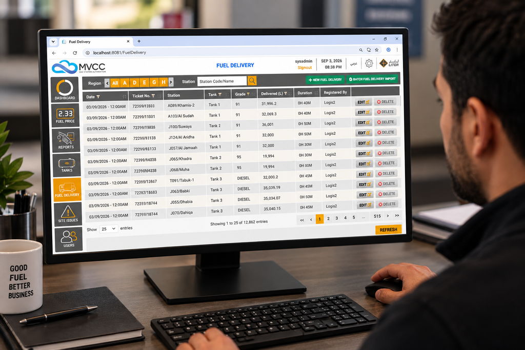 Convenience store manager reviewing fuel delivery reports on a POS dashboard at the checkout counter