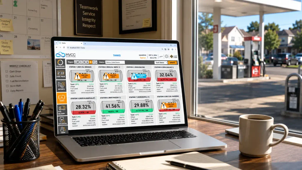 Convenience store POS software tank dashboard showing fuel levels across multiple stations