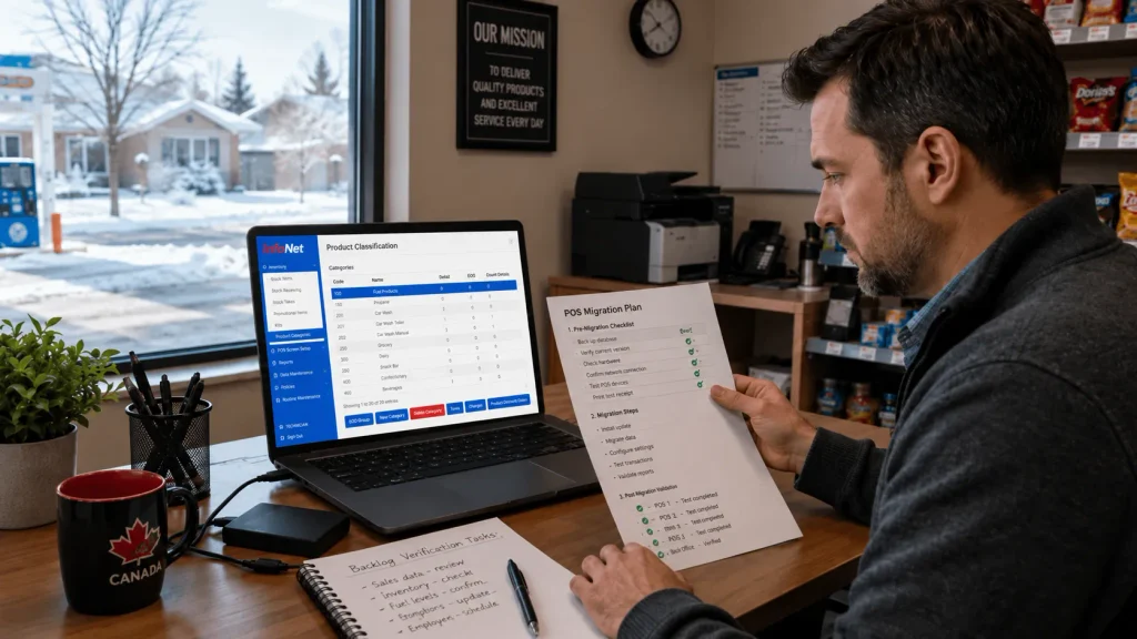 Modern POS data backup and migration plan checklist reviewed by store owner