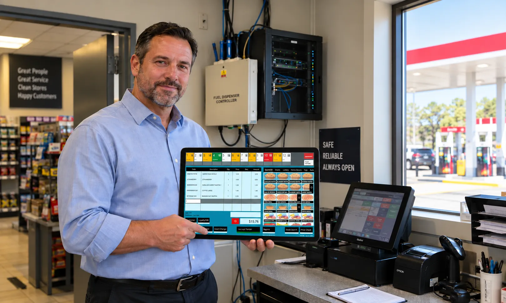 Technician testing fuel dispenser integration with new POS system"