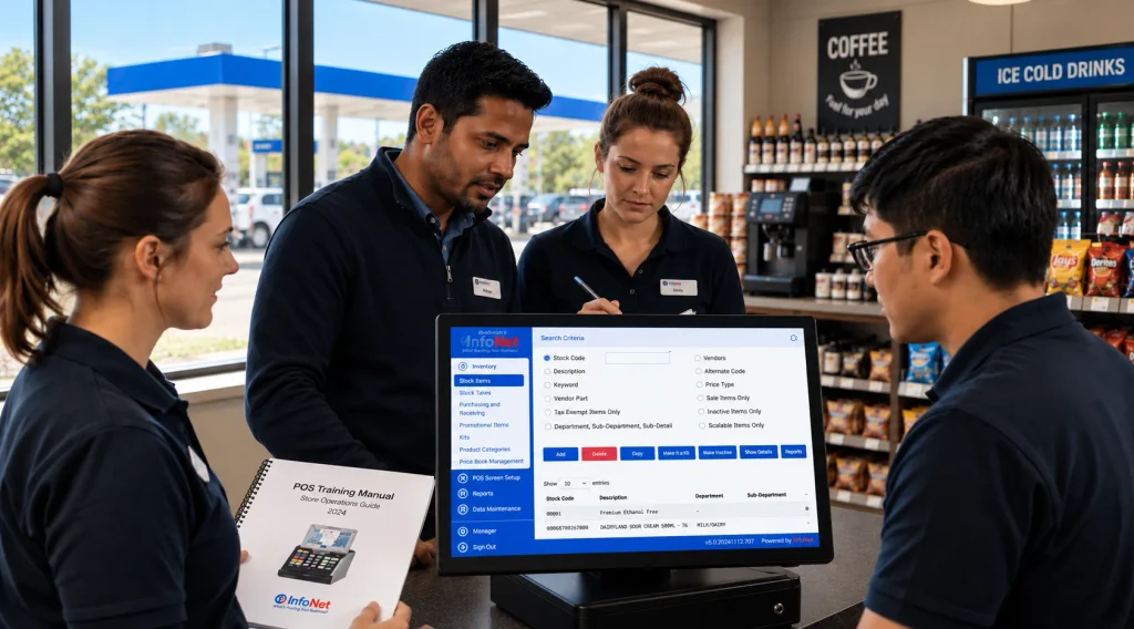 Staff training session on a modern POS terminal at a convenience store