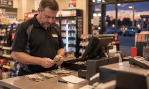Convenience store employee managing cash and register operations supported by c-store back office software.