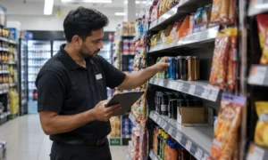 Convenience store employee using a tablet to manage shelf inventory with c-store back office software.