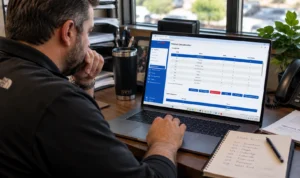 Convenience store manager monitoring product inventory and classification data through c-store back office software.