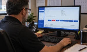 Convenience store manager reviewing product classification and inventory data with c-store back office software.