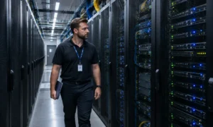 IT professional monitoring data center infrastructure for a cloud-based POS system with hybrid processing capabilities.