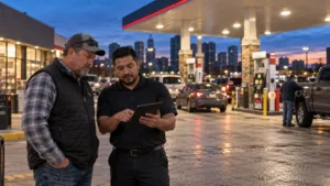 Fuel station managers reviewing multi-site operations using a hybrid POS system with cloud-based POS system reporting.
