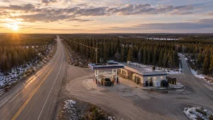 Remote Canadian fuel station using a hybrid POS system with cloud-based POS system reporting and local transaction processing.