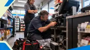 Technician repairing a convenience store POS terminal while an employee watches
