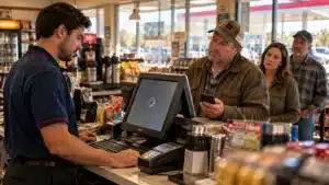 Gas station attendant and two customers talking beside the fuel pumps