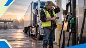 Truck driver scratching his head while holding a card at a fuel pump
